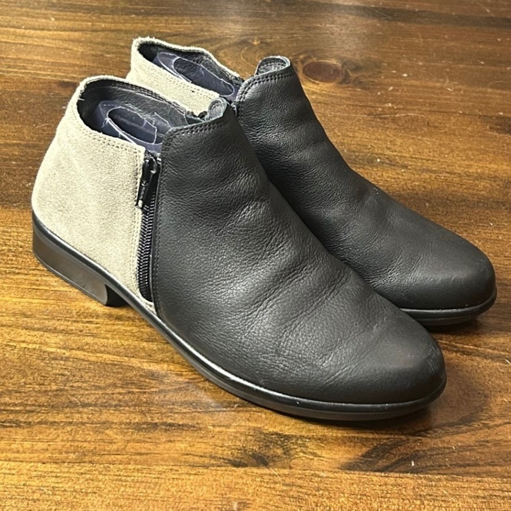 Naot Leather Suede Ankle Boots 38 Black Grey Dual Zip Low Heel Gorpcore Comfort